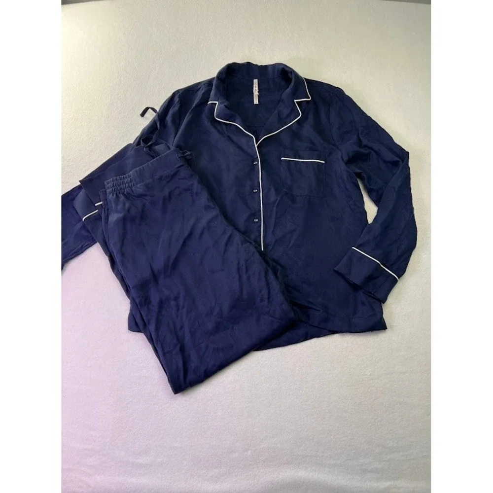 Soma Pajama Set Womens Medium Navy Blue Button Down Long Sleeve Piping‎
